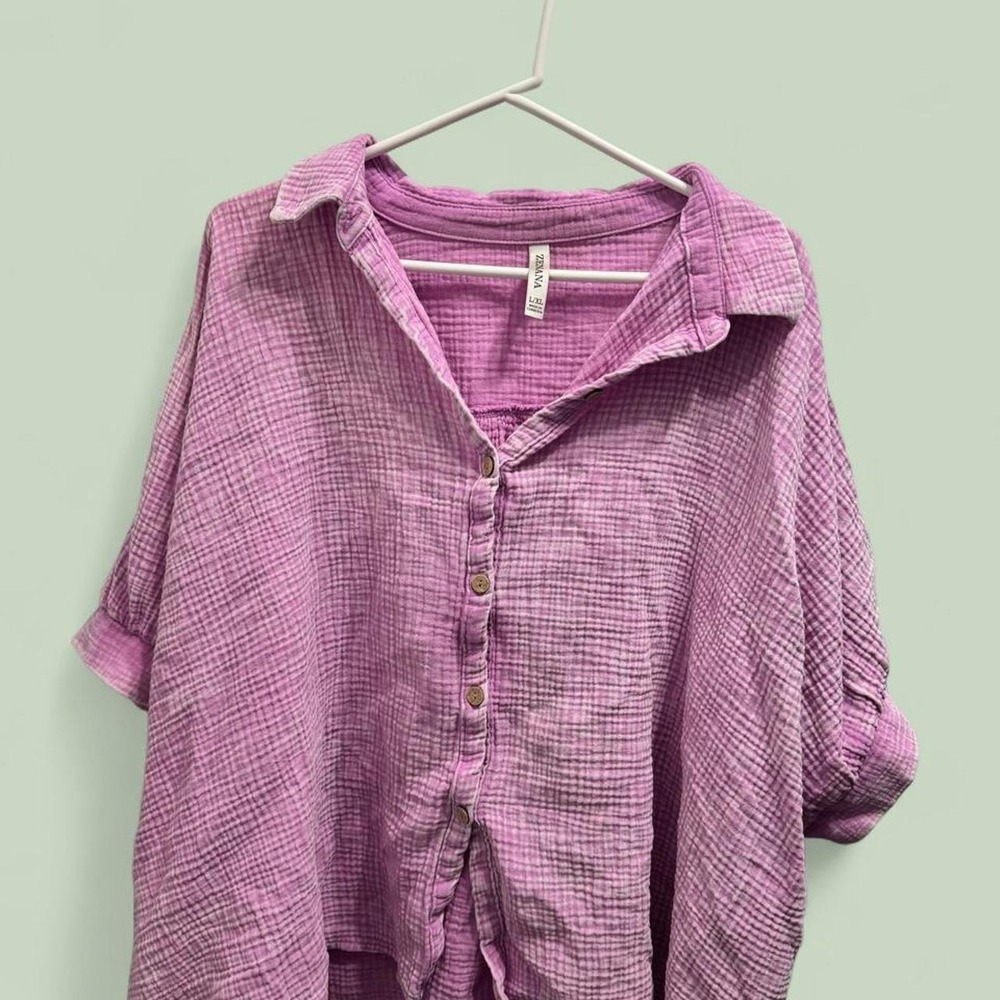 Zenana Women Pink Double Gauze Cotton Oversized Button Up Shirt L/XL Boho